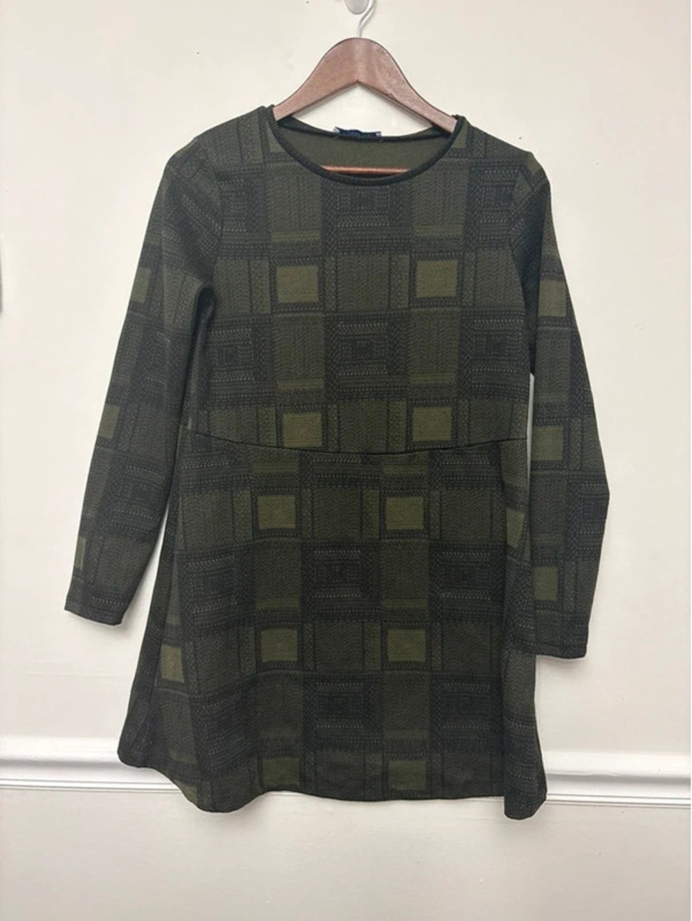 Zara Trafaluc Medium Olive Black Plaid Long Sleeve Mini Dress